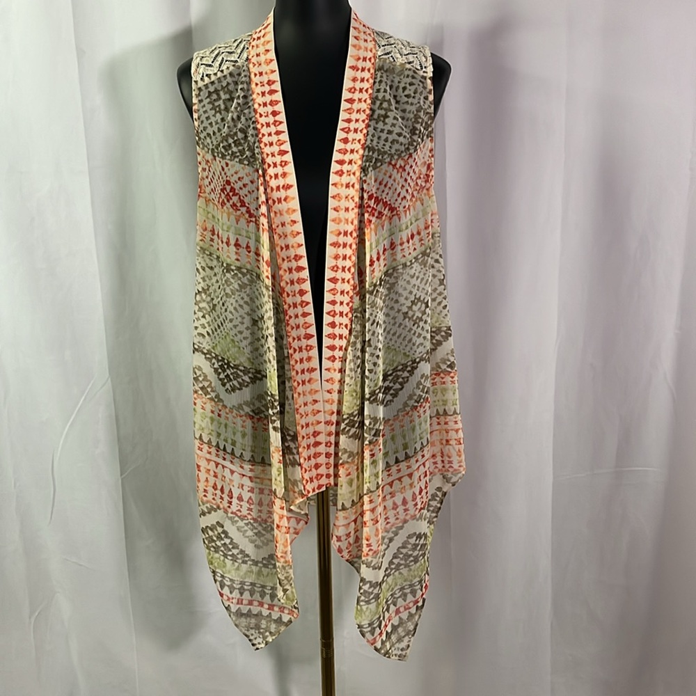 Chico’s Sheer Multicolor Beaded Sleeveless Draped Open Front Vest